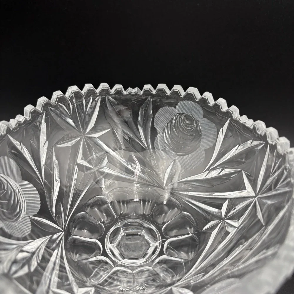 Crystal Cut Glass Pedestal Compote Rose Pattern‎ Scalloped 6 Side Base 7
